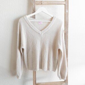 Pink Lily Cream Knit Sweater Size Medium Soft Ribbed V-Neck Pullover
